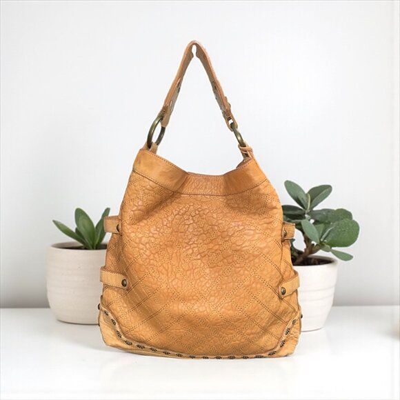 Isabella Fiore Large Hobo Tan Textured Leather Studded Chain Boho Shoulder Bag - Picture 1 of 9
